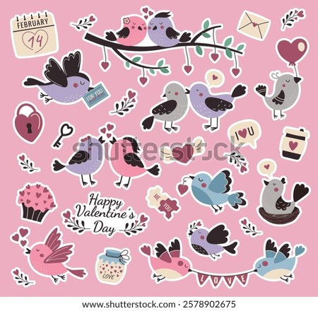 Happy valentine's day large set of illustrations for greeting cards and stickers. Hand drawn stickers: birds, calendar, lock, key, jar, hearts, coffee, puzzles, envelope, love.