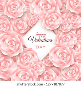Happy valentine's day layout design with roses, lettering, paper cut and texture background. Wallpaper, flyers, invitation, posters, brochure, banners. 