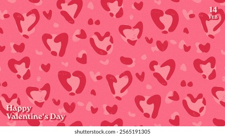 Happy Valentine's Day leopard print background. Modern, trendy banner, cover, greeting card with heart shaped leopard skin pattern and retro grainy texture. Wild life aesthetic, creative love concept.