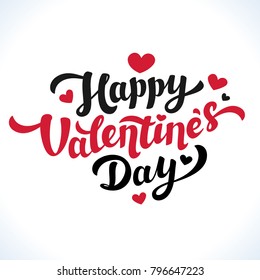 Happy Valentines Day Lettering. 14th of february greeting card. Black and Red inscription with hearts on white background. Vector illustration.