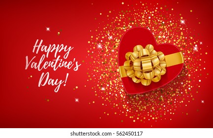 Happy Valentine's day lettering background with heart shape gift box on golden confetti sequins . Love symbol. Beautiful holiday poster banner flyer design.