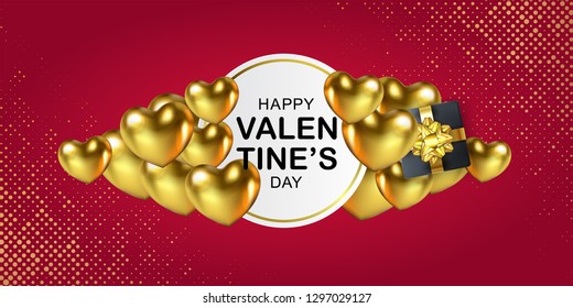 Happy Valentines Day lettering banner with 3d glowings Hearts gold color. Realistic Gift Box with a bow. Luxury cover. Horizontal holidays poster, add, header, website, article. Vector illustration