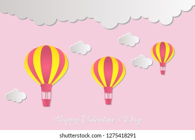 Happy Valentine's Day lettering! Beautiful clouds and air balloons! Abstract paper art 3D vector illustration on pink background. Valentines Day card. 