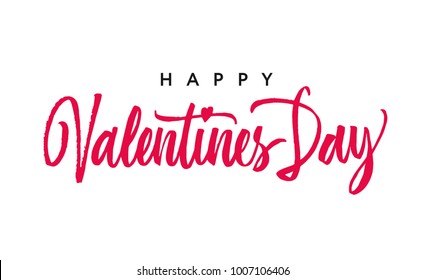 Happy Valentine's Day lettering. Brush pen handwriting calligraphy. White on red inscription with hearts. Creative postcard with flourishes.