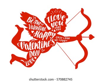 Happy Valentine's Day. Lettering, calligraphy in shape angel. Vector illustration