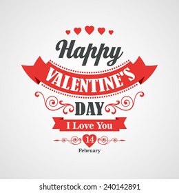 Happy Valentines Day Lettering Card. Typographic Background With Ornaments, Hearts, Ribbon and Arrow