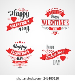Happy Valentines Day Lettering Card. Typographic Background With Ornaments, Hearts, Ribbon and Arrow