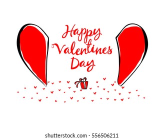 Happy Valentines Day lettering card or print in love date. Hand drawn heart with present. Vector illustration.