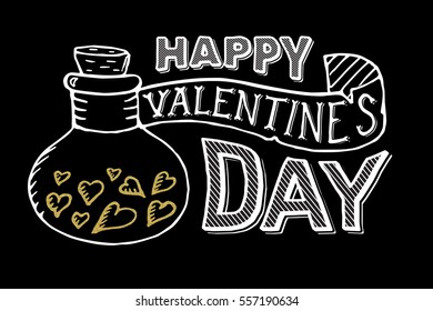 Happy Valentines Day Lettering Card. Gold hearts with white text on black background. Postcard print template.