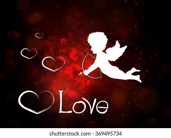 Happy valentines day. Lettering composition with love, cupid and heart on red blur background. Vector holiday  poster
