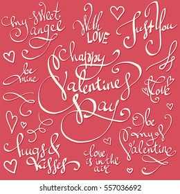 Happy Valentine's Day lettering decorations vector set. Sweet, love and happiness motivation quotes. Cute hand drawn calligraphy great for greeting cards, wedding invitations, posters and stamps. 