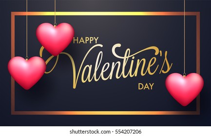 Happy Valentine's Day lettering design with hanging hearts decoration, Creative Poster, Banner or Flyer.