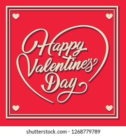 Happy Valentines Day lettering in frame with swirls. Saint Valentines Day greeting card. Handwritten text, calligraphy. For leaflets, brochures, invitations, posters or banners.