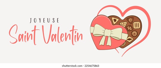 Happy Valentine's Day, lettering in French (Joyeuse Saint Valentin). Banner. Chocolate candy with heart-shaped box. Cartoon. Vector illustration