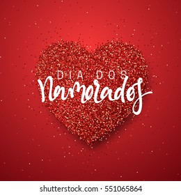 Happy Valentines Day. lettering French Inscription handmade. Dia dos Namorados. Holiday greeting card on red bright heart background. Design of brochures, posters, banners, web. World festival of love