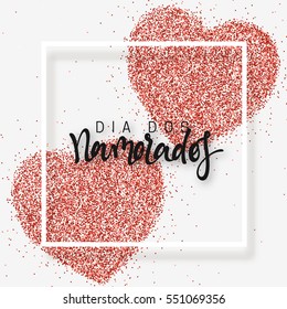 Happy Valentines Day. lettering French Inscription handmade. Dia dos Namorados. Holiday greeting card on red bright heart background. Design of brochures, posters, banners, web. World festival of love