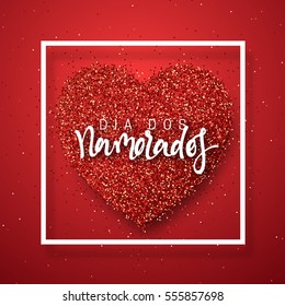 Happy Valentines Day. lettering French Inscription handmade. Dia dos Namorados. Holiday greeting card on red bright heart background. Design of brochures, posters, banners, web. World festival of love