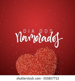 Happy Valentines Day. lettering French Inscription handmade. Dia dos Namorados. Holiday greeting card on red bright heart background. Design of brochures, posters, banners, web. World festival of love