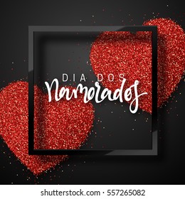 Happy Valentines Day. lettering French Inscription handmade. Dia dos Namorados. Holiday greeting card on red bright heart background. Design of brochures, posters, banners, web. World festival of love