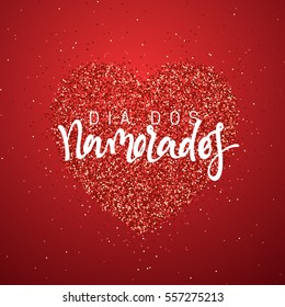 Happy Valentines Day. lettering French Inscription handmade. Dia dos Namorados. Holiday greeting card on red bright heart background. Design of brochures, posters, banners, web. World festival of love