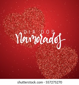 Happy Valentines Day. lettering French Inscription handmade. Dia dos Namorados. Holiday greeting card on red bright heart background. Design of brochures, posters, banners, web. World festival of love