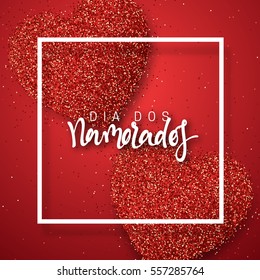 Happy Valentines Day. lettering French Inscription handmade. Dia dos Namorados. Holiday greeting card on red bright heart background. Design of brochures, posters, banners, web. World festival of love