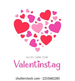 Happy Valentine's Day lettering in German (Alles Liebe zum Valentinstag) with colorful hearts. Modern card design. Vector illustration