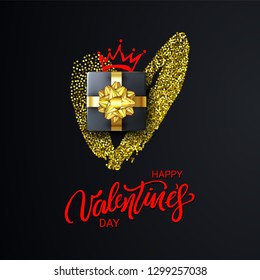 Happy Valentines Day Lettering with Gold Glitter Heart, realistic Gift Box and a Crown. Glittering cover on dark background. Holidays banner, poster, add, header, website, article. Vector illustration