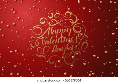 Happy Valentines Day lettering golden colors for greeting card. Gold beads on a background. Festive banner and poster.
