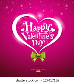 Happy Valentine's Day lettering and green ribbons Greeting Card on pink background, vector illustration