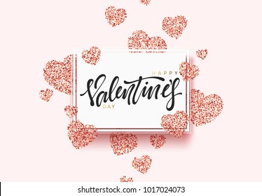 Happy Valentines Day lettering greeting card on red bright heart background. Festive banner and poster.