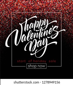 Happy Valentines Day lettering greeting card on red glitter background. Vector illustration EPS10