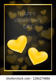Happy Valentine's Day lettering greeting card with golden hearts with sparkles on black background.