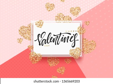 Happy Valentines Day lettering greeting card on golden bright heart background. Festive banner and poster.
