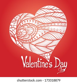 Happy Valentine's Day lettering Greeting Card with decorative hearts on white background, vector illustration