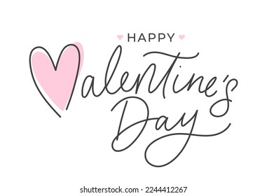 Feliz día de San Valentín con tarjeta de saludo con corazón rosa. Ilustración vectorial de diseño minimalista dibujada a mano. Línea simple plantilla de diseño del día de San Valentín para banner, invitación a fiesta, venta, afiche