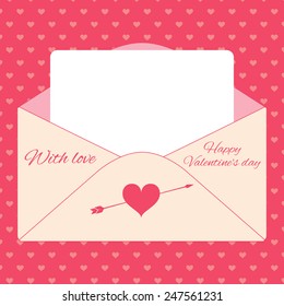 Happy Valentine's Day lettering Greeting Card on red background, vector illustration,
Envelope paper heart and sign inside
