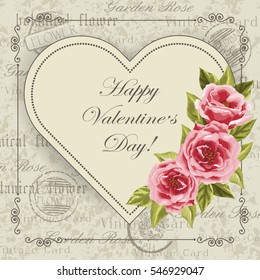 Happy Valentines Day lettering greeting card with flowers. Vintage postcard background. Vector illustration.