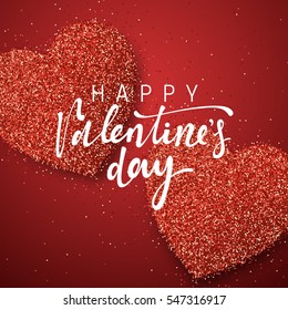 Happy Valentines Day lettering greeting card on red bright heart background. International Holiday February 14.  Festive banner and poster. 