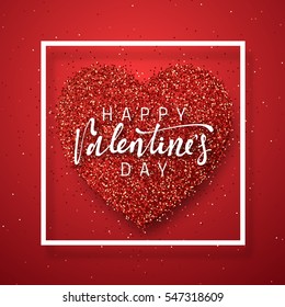 Happy Valentines Day lettering greeting card on red bright heart background. Festive banner and poster.