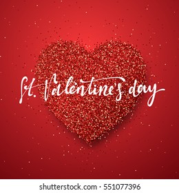 Happy Valentines Day lettering greeting card on red bright heart background. Festive banner and poster.