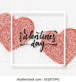 Happy Valentines Day lettering greeting card on red bright heart background. Festive banner and poster.