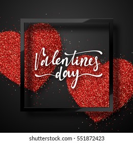 Happy Valentines Day lettering greeting card on red bright heart background. Festive banner and poster.