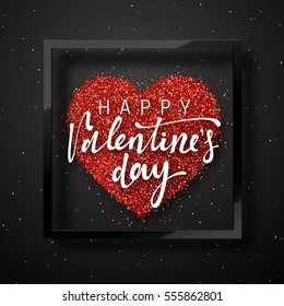 Happy Valentines Day lettering greeting card on red bright heart background. Festive banner and poster.