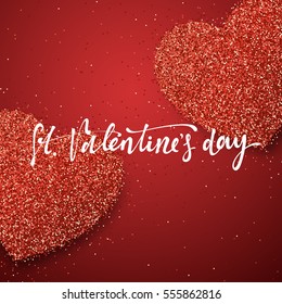 Happy Valentines Day lettering greeting card on red bright heart background. Festive banner and poster.