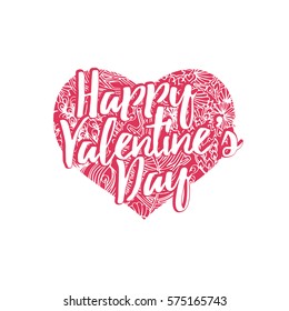 Happy Valentine's Day lettering greeting card template with doodle heart. Modern elegant text hand drawn love concept poster, banner, letter. Holiday fancy design elements