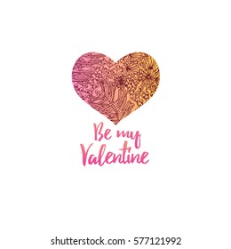 Happy Valentine's Day lettering greeting card template with doodle heart. Modern elegant text hand drawn love concept poster, banner, letter. Holiday fancy design elements