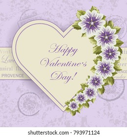 Happy Valentines Day lettering greeting card with flowers. Vintage postcard background. Vector illustration.
