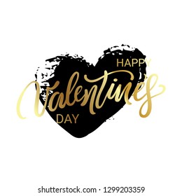 Happy Valentines Day lettering with hand drawn Heart black color. Gold Happy Valentine's Day Calligraphy isolated on white background. Cute romantic holidays tag, sticker, print, poster. Vector illustration