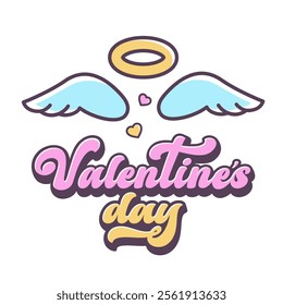 Happy Valentine's Day lettering. Hand drawn outline template in Retro style. Valentine text, cute hearts, cupid, angel wings. Valentines typography. Vector cartoon illustration